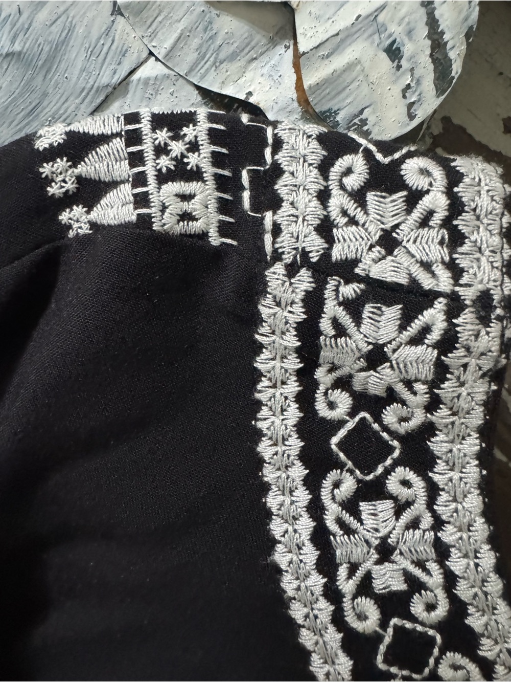 Chelsea & Theodore Black Embroidered V-Neck Peasant Top - White Stitching - Picture 8 of 8